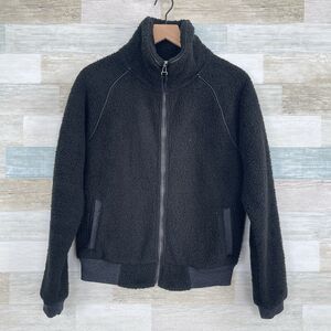 American Eagle Fluffy Fleece Zip Jacket Black Mock Neck Pockets Womens Medium